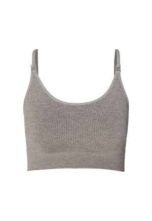 Naadloze geribde lichtbruine voedings-bralette met verstelbare bandjes en sluitingen voor gemakkelijke toegang bij het borstvoeden.