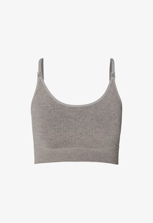 Brassière d'allaitement côtelée marron clair sans couture avec bretelles et agrafes réglables pour un accès facile à l'allaitement.