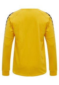 Gul langærmet sweatshirt med rund hals, der har sorte stribe detaljer på skuldrene og en glat, blød tekstur.