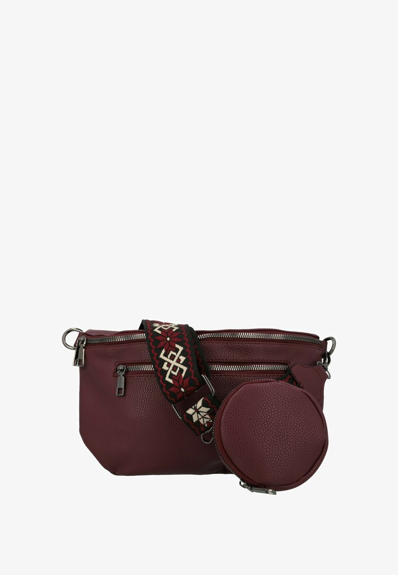 Borsa a tracolla in pelle bordeaux con due scomparti con zip e una pochette circolare staccabile, dotata di una tracolla nera con motivi geometrici rossi e bianchi.