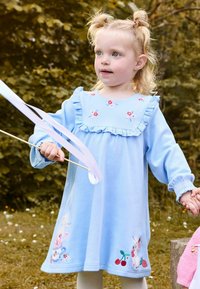 Gaiši zila kleita ar ziedu izšuvumiem un mežģīņu apdari uz apkakles. Garas piedurknes ar saspringtām aprocēm, kurām apakšējā daļā ir jautri zaķu dizaini.