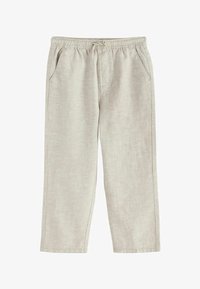 Pantalones de mezcla de lino color beige claro con cintura elástica, cordón ajustable, bolsillos laterales y corte de pierna recta.
