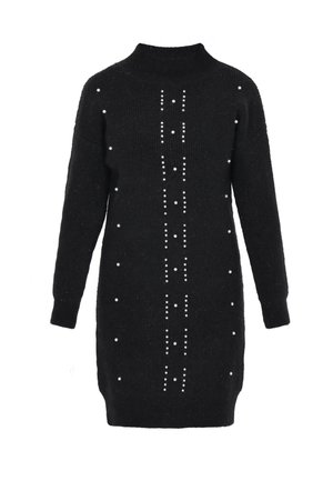 Vestido de suéter negro de punto con un cuello alto, adornado con cuentas blancas en patrones verticales y mangas largas. Textura suave.