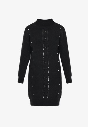 Mustikka neulemekko korkealla kauluksella, koristeltu valkoisilla helmillä pystysuorissa kuvioissa ja pitkissä hihoissa. Pehmeä rakenne.