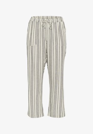 Črtaste hlače iz svetle kreme z temno sivo in subtilno modro navpičnima črtama. Imajo elastičen pas in vrvico ter dve stranski žepi.