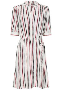 Vit skjortklänning med röda och svarta prickiga ränder. Har korta puffärmar och elastisk midja för en figurnära silhuett.