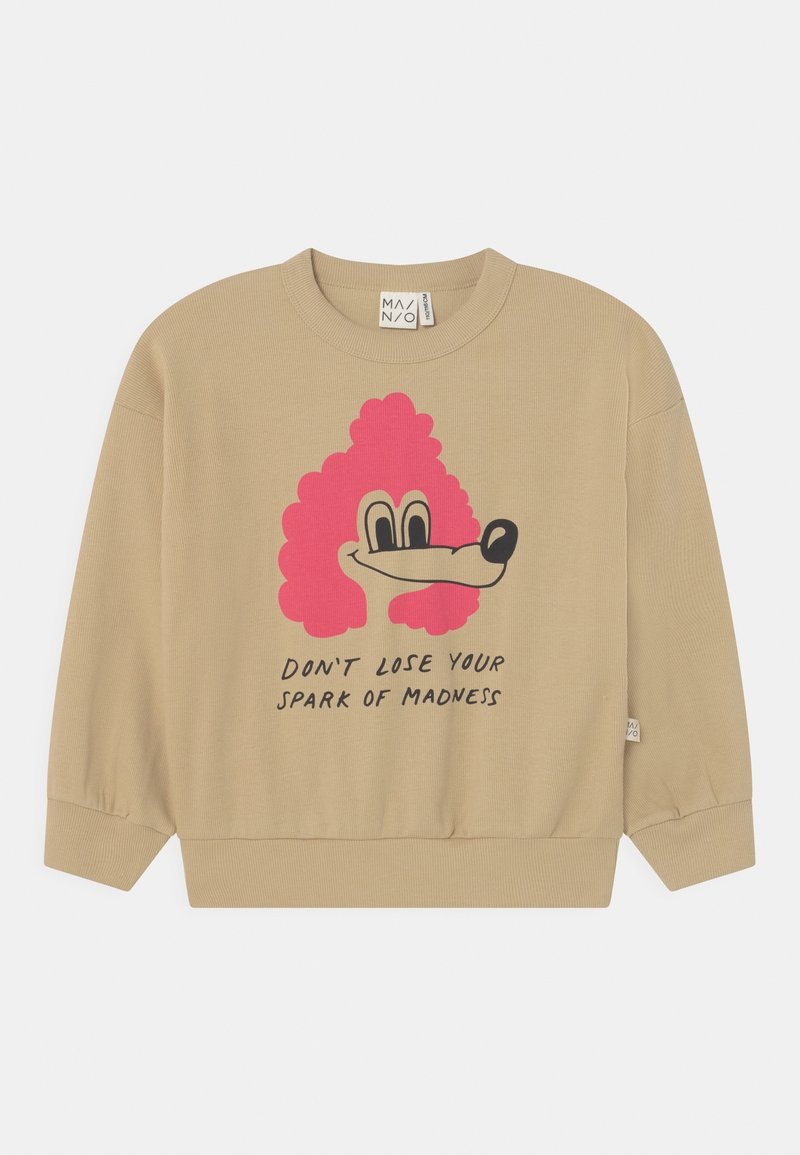 Sweat-shirt beige à col rond, à manches longues et avec des poignets côtelés. Présente un visage de chien en cartoon rose et un texte noir : "NE PERDS PAS TA FOLIE."