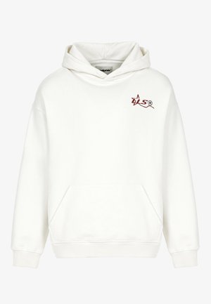 Hvid hættetrøje med frontlomme, ribbede ærmer og kant, med et lille rødt logo på venstre brystområde.