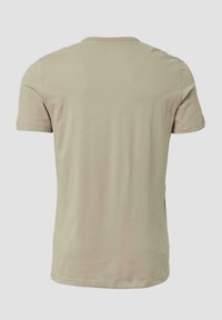 Beige katoenen T-shirt met korte mouwen en een ronde hals. Glad materiaal, zonder patronen of accenten. Eenvoudig, klassiek design.