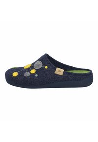 Pantofole in feltro blu navy con un colorato motivo in feltro applicato di cerchi gialli, grigi e verdi, con una suola testurizzata e rivestimento interno.
