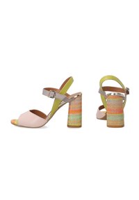 Open-toe high heels in light pink leather, featuring a green strap, silver buckle, and a multi-colored woven-textured block heel.