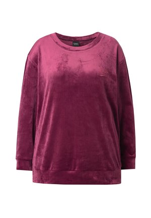 Sudadera de terciopelo profunda en burdeos, con mangas largas, escote redondo y detalle bordado. Textura suave y ajuste holgado.