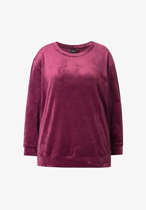 Plüschiger, tief burgunderfarbener Sweatshirt mit langen Ärmeln, rundem Ausschnitt und gesticktem Detail. Weiche Samt-Textur und lässige Passform.