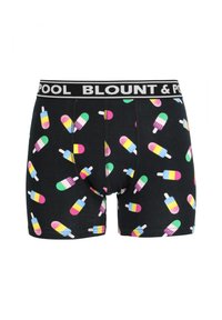 Boxer shorts avec une base noire ornée d'un motif répétitif de popsicles colorés. Le matériau semble doux avec une ceinture contrastante.