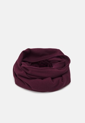 Écharpe en tricot bordeaux, forme circulaire, texture douce, avec un bord côtelé. Légère, polyvalente pour être superposée ou portée seule.