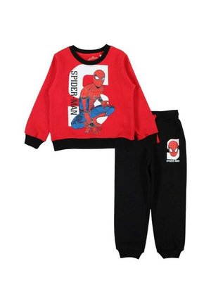 Ensemble pour enfant deux pièces rouge et noir avec Spider-Man accroupi sur le sweat-shirt et le visage de Spider-Man sur la jambe du pantalon.