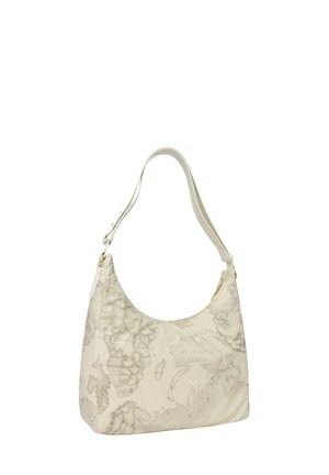 Borsa a tracolla color crema con tracolla regolabile e stampa vintage con mappa del mondo che copre la superficie.
