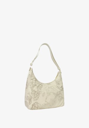 Borsa a tracolla color crema con tracolla regolabile e stampa vintage con mappa del mondo che copre la superficie.