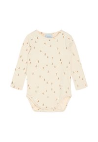 Langärmliger Baby-Strampler in Creme, mit einem hellbraunen Baum- und Tiermuster, aus weicher Baumwolle und mit Druckknöpfen am Boden.