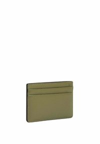 Portafogli in pelle verde con finitura testurizzata, dotato di più scomparti per carte e una forma rettangolare sottile. I bordi sono cuciti.