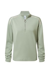 Light green pullover with a quarter-zip collar, featuring a silver ring pull, textured side accents, and long sleeves with elastic cuffs.