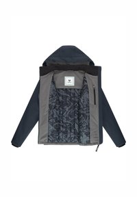 Giacca con cappuccio blu navy, con zip frontale, fodera interna grigia, interno isolato con motivo e una tasca con zip sul pannello interno destro.