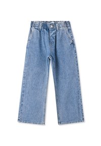 Pantaloni in denim azzurro chiaro a gamba larga con vita elastica, cuciture dettagliate e cinque tasche. Tessuto morbido con un taglio casual.