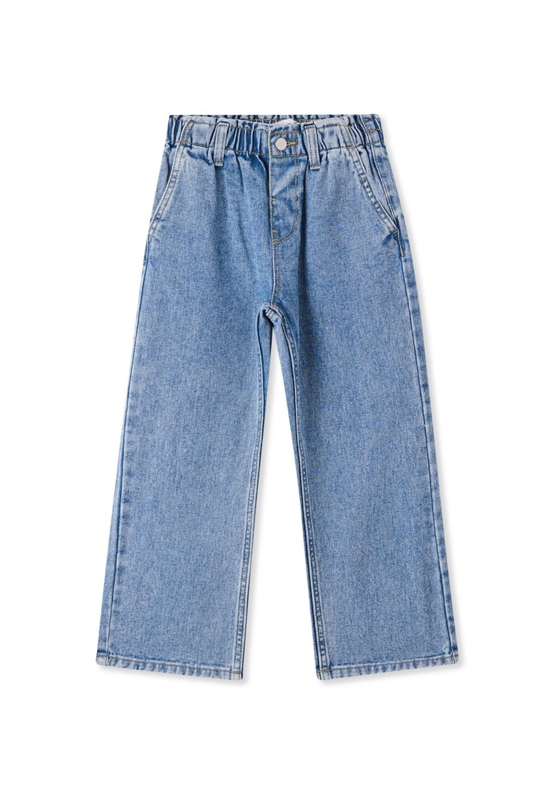 Pantaloni in denim azzurro chiaro a gamba larga con vita elastica, cuciture dettagliate e cinque tasche. Tessuto morbido con un taglio casual.