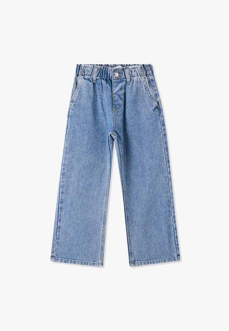 Pantaloni in denim azzurro chiaro a gamba larga con vita elastica, cuciture dettagliate e cinque tasche. Tessuto morbido con un taglio casual.