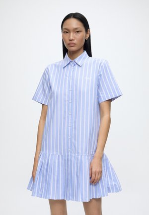 Femme aux cheveux noirs et lisses portant une robe à manches courtes rayée verticalement bleu et blanc avec des boutons et un ourlet évasé.