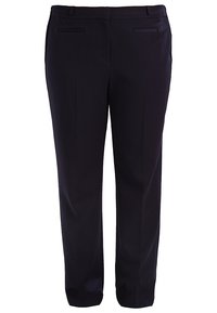 Pantalon droit bleu marine en tissu lisse, doté de deux poches avant et d'une ceinture classique avec passants pour ceinture.