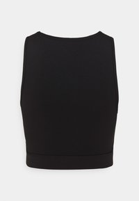 Czarny sportowy biustonosz wykonany z elastycznej tkaniny, z zaokrąglonym dekoltem, bez rękawów i z elastycznym pasem na dole zapewniającym wsparcie.