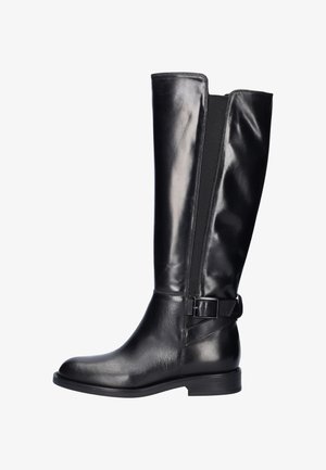 Zwarte leren hoge laars tot de knie met een gladde afwerking, elastische zijpaneel, accenten met een zijgesp en een lage, gestapelde hak.