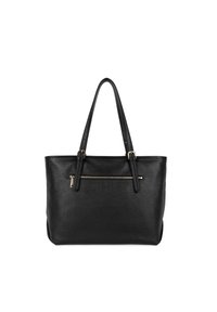 Borsa a tracolla nera in pelle con due manici lunghi, tasca frontale con zip e superficie testurizzata. Accenti in hardware color oro.