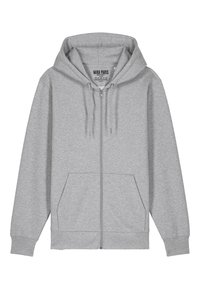 Felpa grigia con zip realizzata in tessuto misto cotone. Caratterizzata da un ampio cappuccio, tasche frontali, polsini e orlo a coste, con dettagli di cucitura visibili.