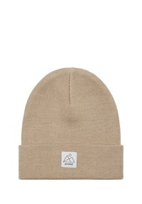 Berretto lavorato a maglia di colore beige chiaro con risvolto. Presenta una patch bianca con un design montano sul fronte. Texture morbida.