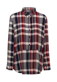 Camicia a maniche lunghe con bottone, a tema scozzese rosso, blu navy e bianco, e colletto classico.