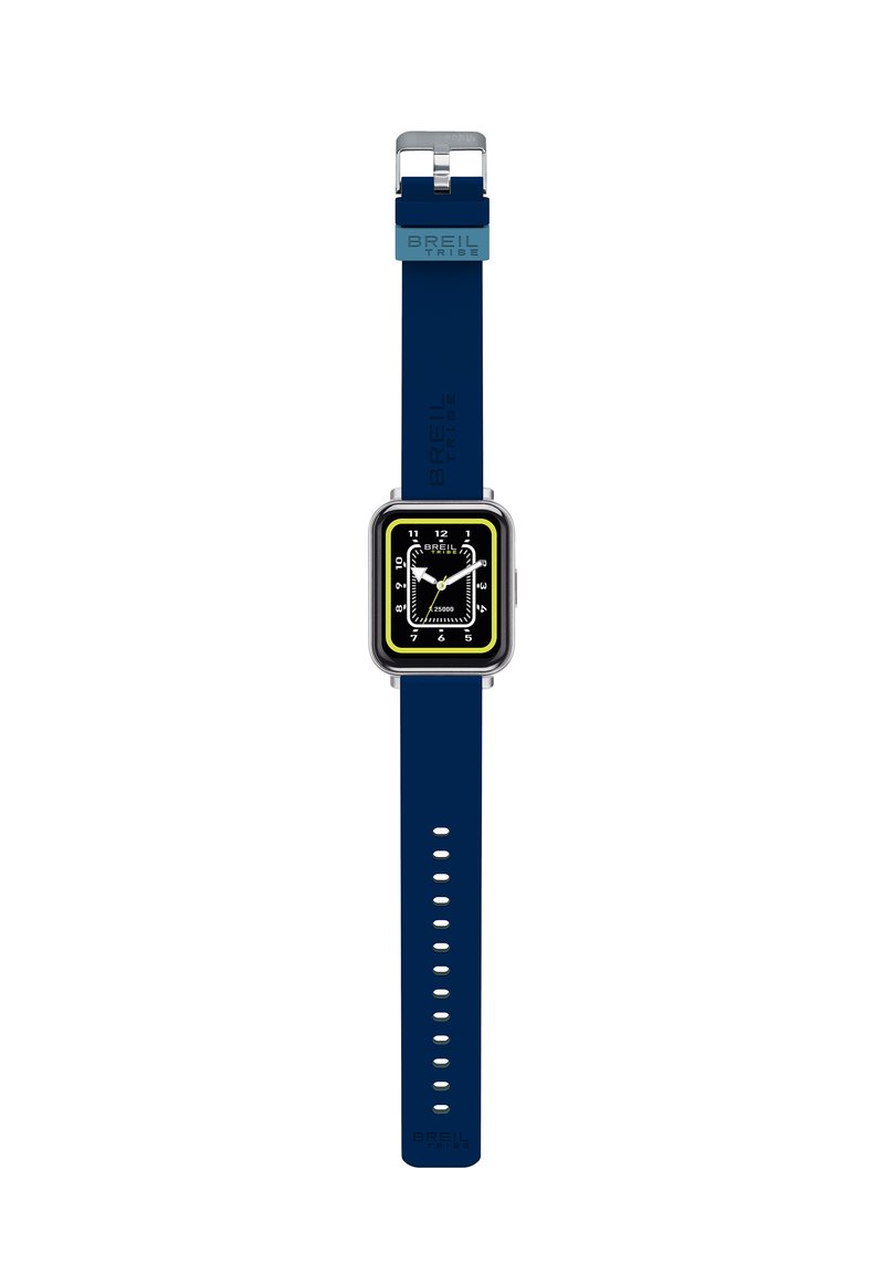 Montre numérique avec un cadran carré noir, accents jaune néon, boîtier en acier inoxydable et un bracelet en silicone bleu avec des trous réglables.