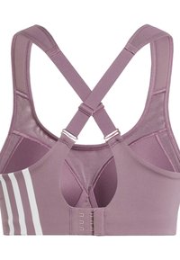 Reggiseno sportivo viola con design incrociato sulla schiena, dotato di pannelli in mesh, spalline regolabili e tre ganci regolabili per la personalizzazione della vestibilità.