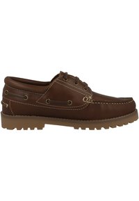 Braune Lederbootschuhe mit weißer Naht, Schnürdesign und einer strukturierten Gummisohle mit tiefen Profilen für besseren Halt.
