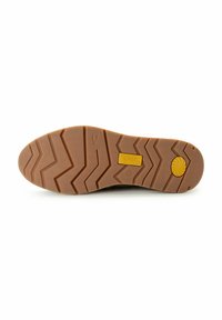 Bruine rubberen schoenzool met zigzag loopvlakpatroon. Beschikt over een geel merkembleem en een ronde accenten. Glad van structuur en gemaakt van duurzaam materiaal.