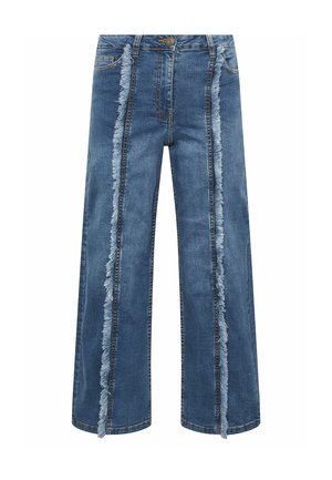Blå vidde jeans med høj talje, for- og baglommer, knaplukning og lodrette frynsete sømme på hvert ben.