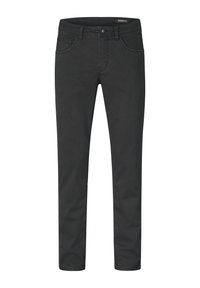 Schwarze Baumwolljeans mit Fünf-Taschen-Design, gerade Beinform, Knopfverschluss und Gürtelschlaufen. Glatte Oberfläche mit minimaler Detailgestaltung.