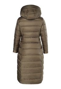 Olivenfarvet pufferjakke med hætte, der har et quiltet design, lange ærmer og en knælang pasform. Glat, blankt stof.