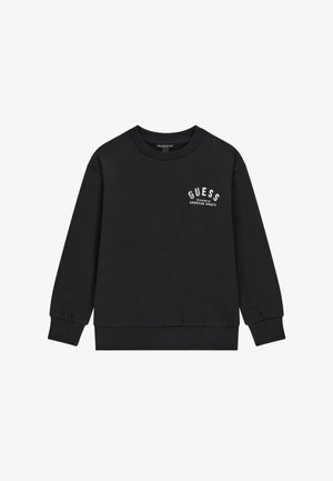 Zwart sweatshirt met lange mouwen en ronde hals met witte "GUESS Division of American Sports" tekst op de linkerborst.