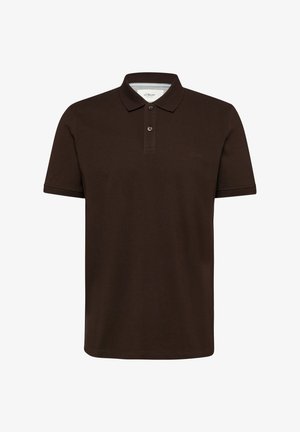 Polo à manches courtes marron foncé avec patte à deux boutons, col côtelé et logo discret sur la poitrine gauche.