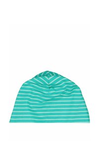 Turkoosi pipo, jossa on valkoiset vaakasuorat raidat. Pehmeä kangas, joka istuu tiukasti ja ylhäällä on sauma, joka luo hienovaraisesti pyöristetyn huipun.