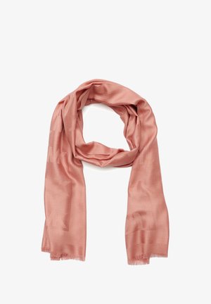 Bufanda tejida rosa con una textura suave, que presenta un patrón sutil y extremos con flecos. Ligera y versátil para diversas opciones de estilo.