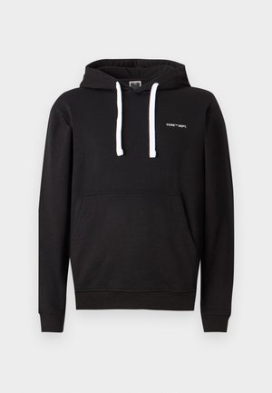 Schwarzer Kapuzenpullover aus Baumwollmischung. Mit einer Fronttasche, weißen Kordeln und dezentem Logotext auf der Brust.