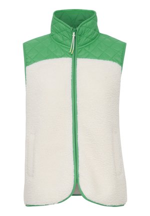 Grøn quilted vest med front af hvid faux pels, høj krave, lynlås i front og sidelommer, med kontrasterende stofpaneler.